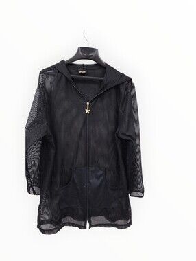 Dotti Black Mesh Hooded Zip-Front Utility Jacket XL beach cover fishnet